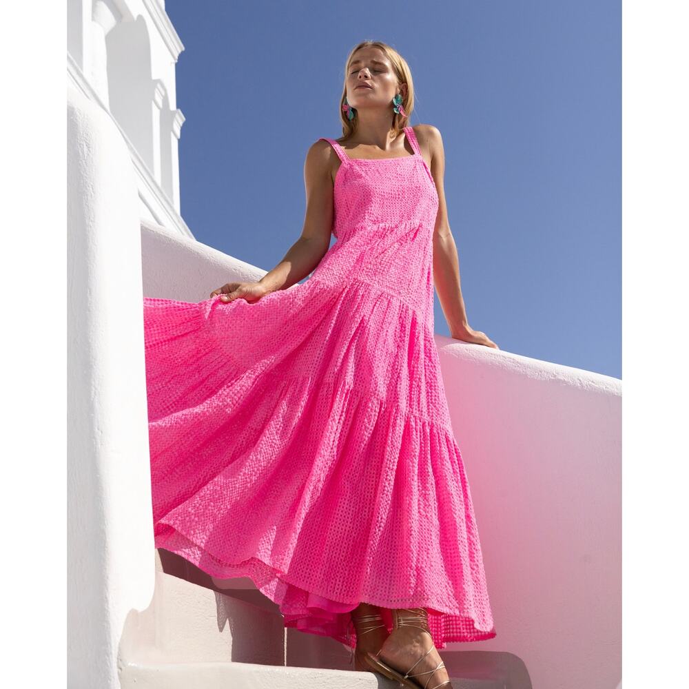 OLIPHANT Tuckernuck Strappy Tiered Maxi Dress Delray Pink Woven Cotton S
